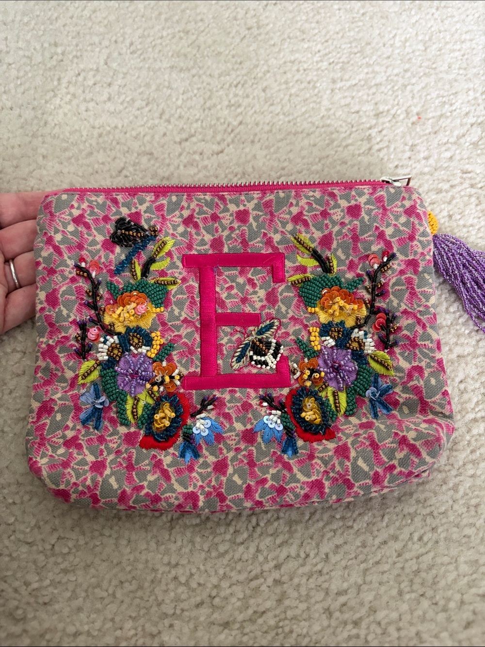 Anthropologie Pink Embroidered Floral Initial 'E' Wristlet